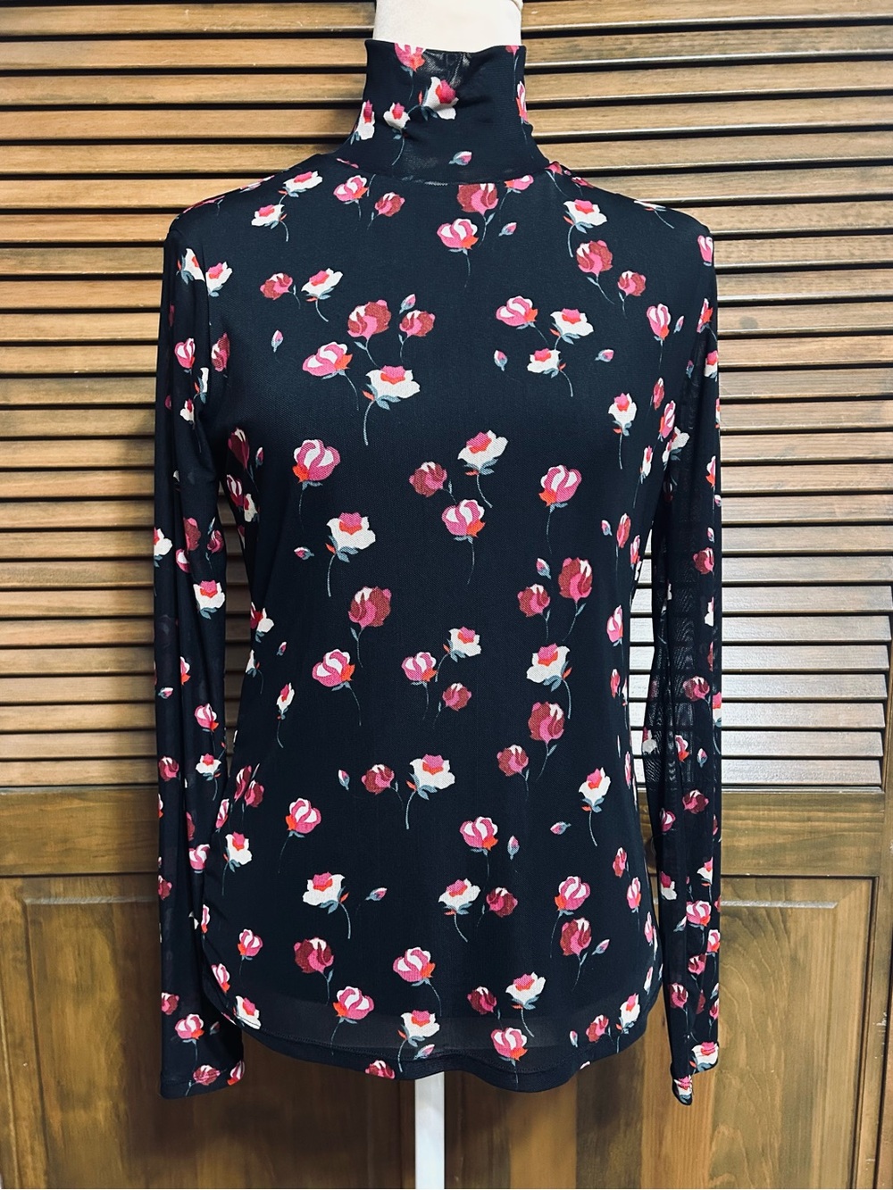 POPSUGAR Black Floral Mesh Mock Turtleneck Top Size S